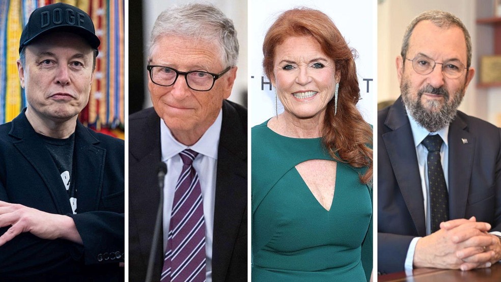 Elon Musk, Bill Gates, Sarah Ferguson e Ehud Barak são mencionados nos documentos divulgados pelo Departamento de Justiça dos EUA — Foto: BBC News fonte