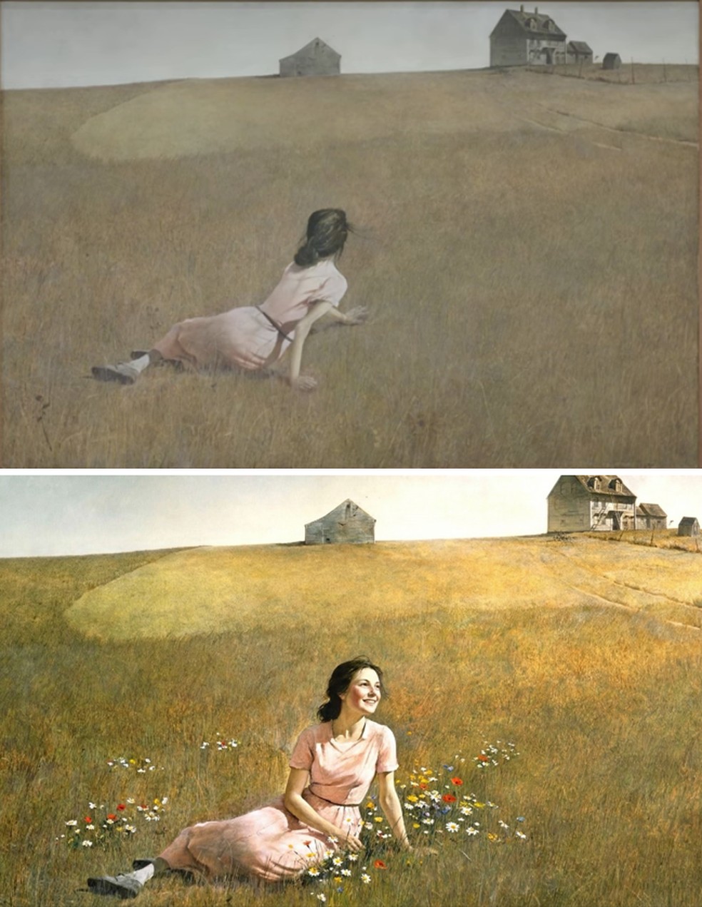 Reprodução de Christina’s World (acima) e imagem gerada por IA (abaixo) — Foto: Reprodução YouTube MoMa e reprodução LinkedIn Ethan Mollick