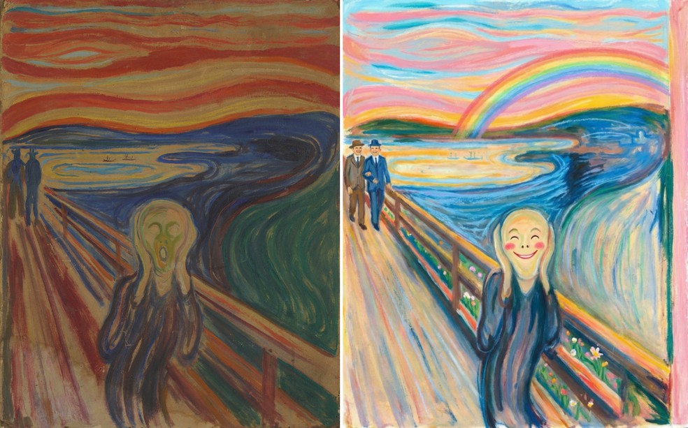O Grito, de Edvard Munch (à esq.) e imagem gerada por IA (à dir.) — Foto: Munchmuseet e reprodução LinkedIn/Ethan Mollick