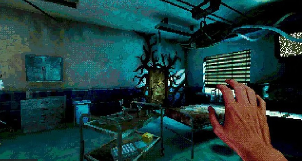 O jogo retrô de terror Eclipsium apresenta deliberadamente gráficos pixelados, com pouca definição — Foto: Housefire via BBC News