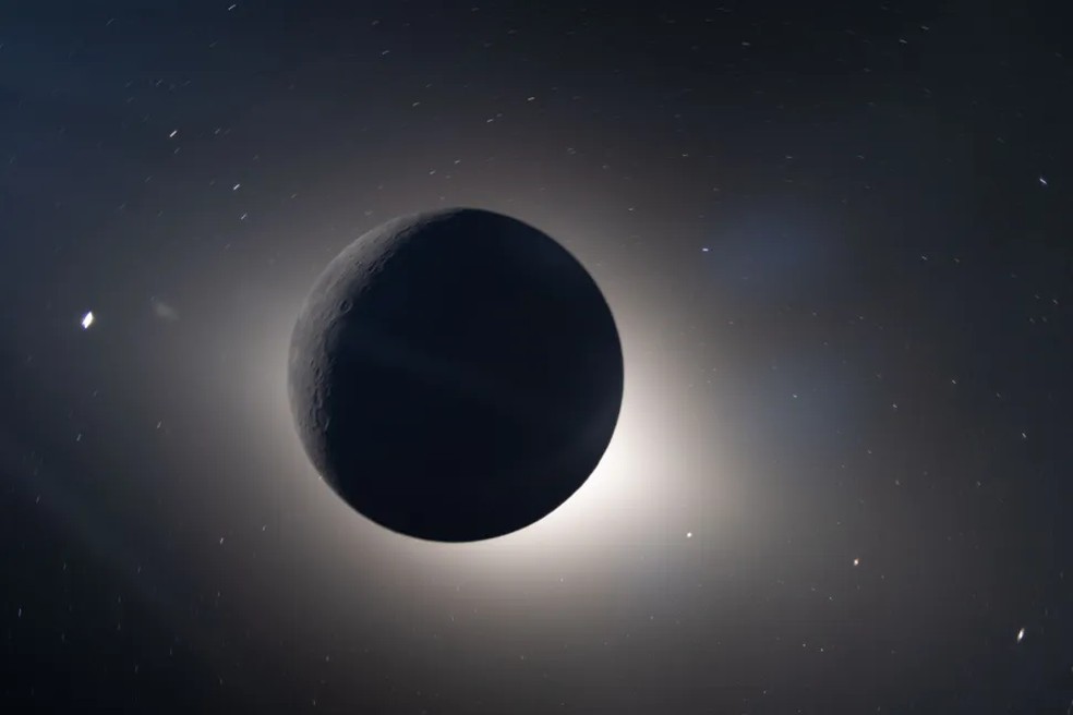 Eclipse solar do lado oculto da Lua, quando o Sol se pôs atrás do disco lunar — Foto: Divulgação/NASA