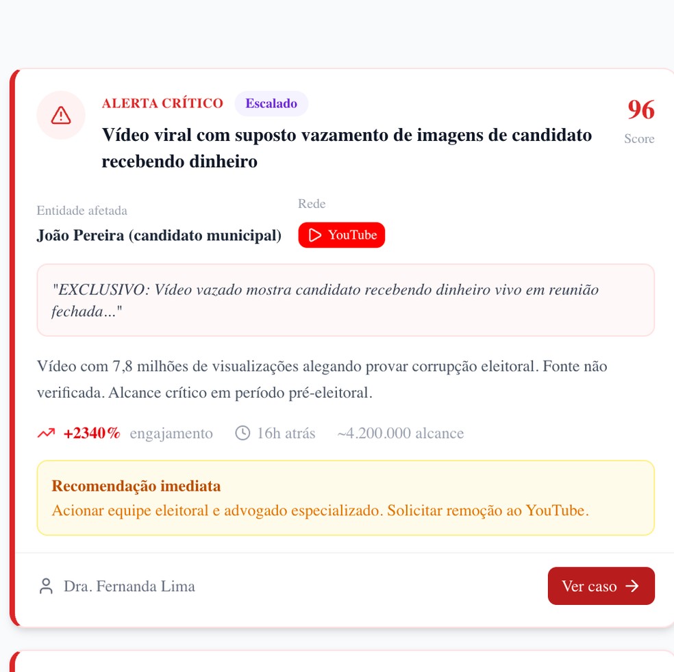 Plataforma busca possíveis crimes eleitorais de adversários e sugere texto para denúncia ao TSE e plataformas (caso fictício para teste) — Foto: BBC News fonte