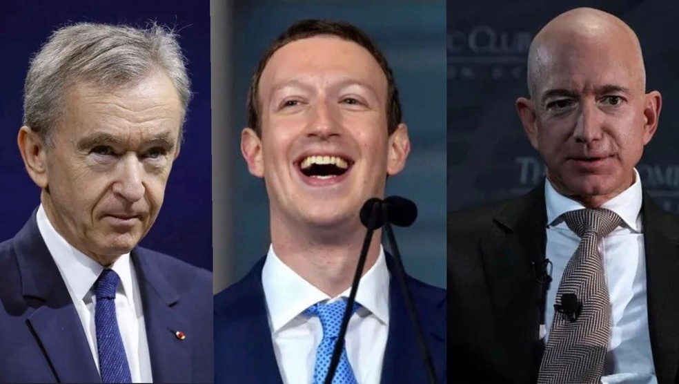 Bernard Arnault, CEO da LVMH;  Mark Zuckerberg, CEO da Meta; e Jeff Bezos, fundador da Amazon — Foto: Época NEGÓCIOS via Getty Images 