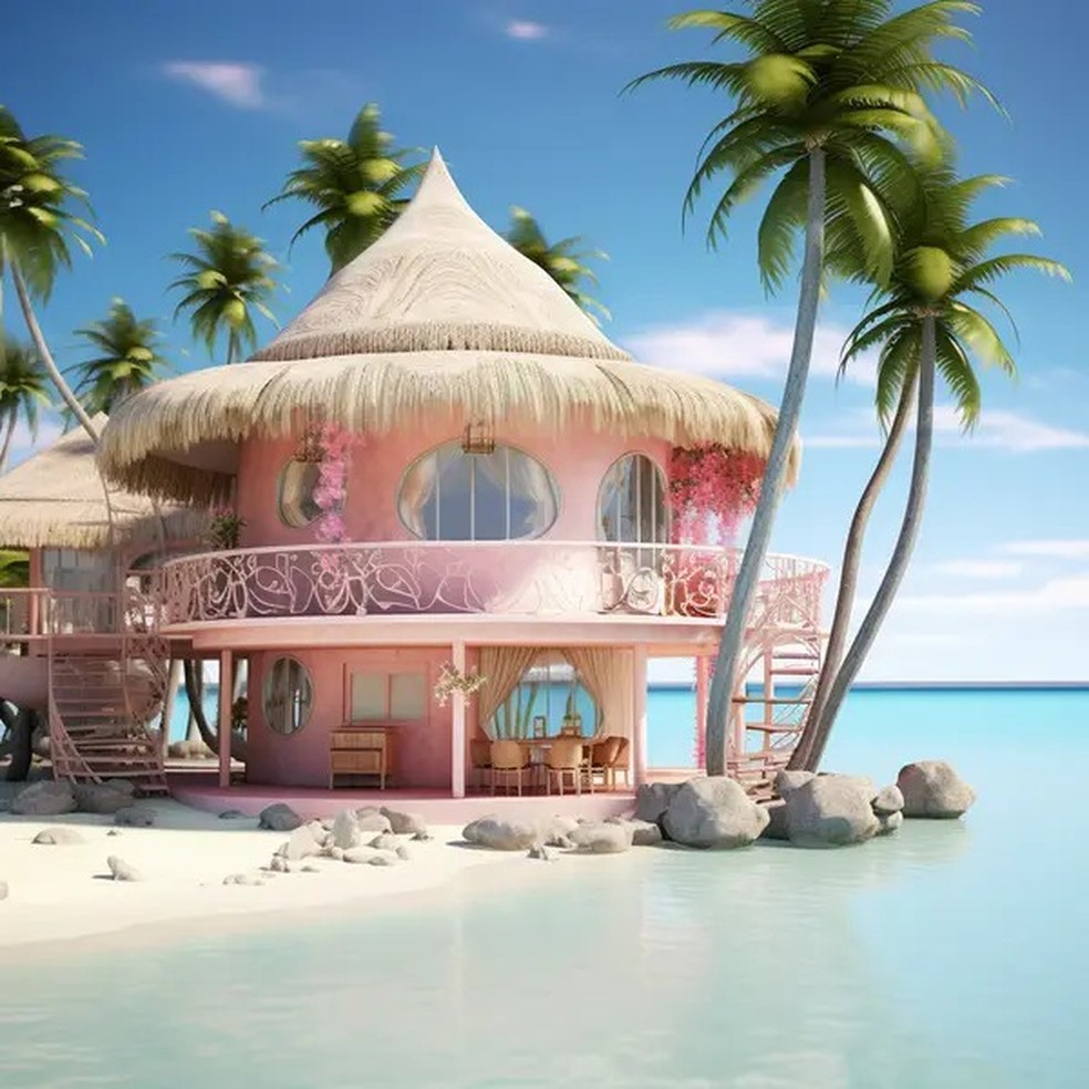 O Quiribati é um país da Oceania formado por 33 ilhas, explicando o conceito da casa da Barbie gerada a beira mar — Foto: Amy Glover/Midjourney