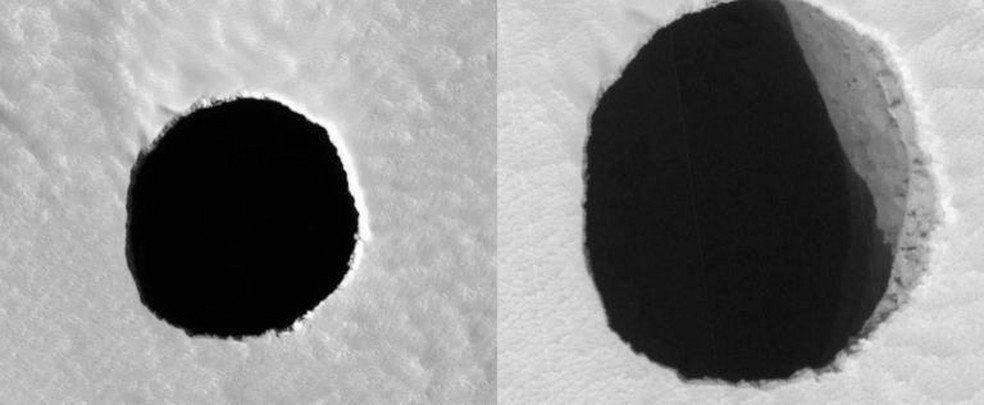 Imagens de um poço perto de Arsia Mons capturadas há vários anos. A imagem à esquerda foi capturada primeiro, e os cientistas se perguntaram se ela poderia levar a um tubo de lava ou a uma caverna. Em seguida, foi capturada a imagem da direita, mostrando uma parede lateral. A parede lateral pode indicar que não há tubo ou caverna. — Foto: NASA/JPL/University of Arizona