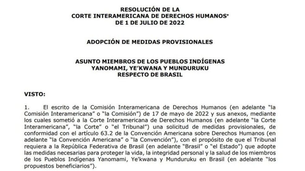 Início da resolução da corte sobre a proteção de três povos indígenas brasileiros — Foto: Corte IDH/Reprodução/via BBC News Brasil