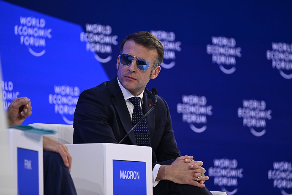 Emmanuel Macron no Fórum Econômico Mundial — Foto: Harun Ozalp/Anadolu via Getty Images