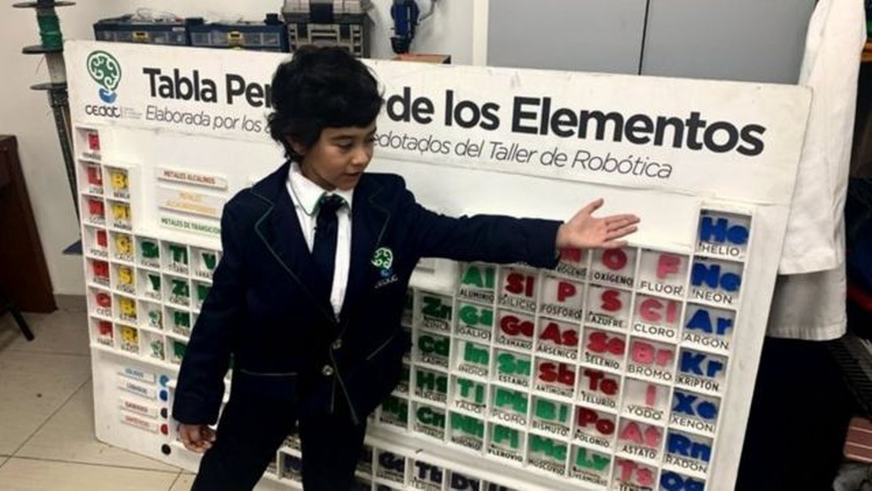 Alexis é apaixonado por ciência e sabe muito sobre a tabela dos elementos — Foto: BBC