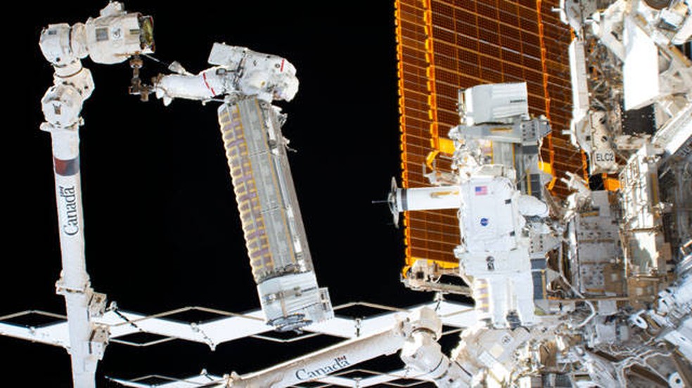 Astronautas são retratados durante caminhada espacial — Foto: NASA