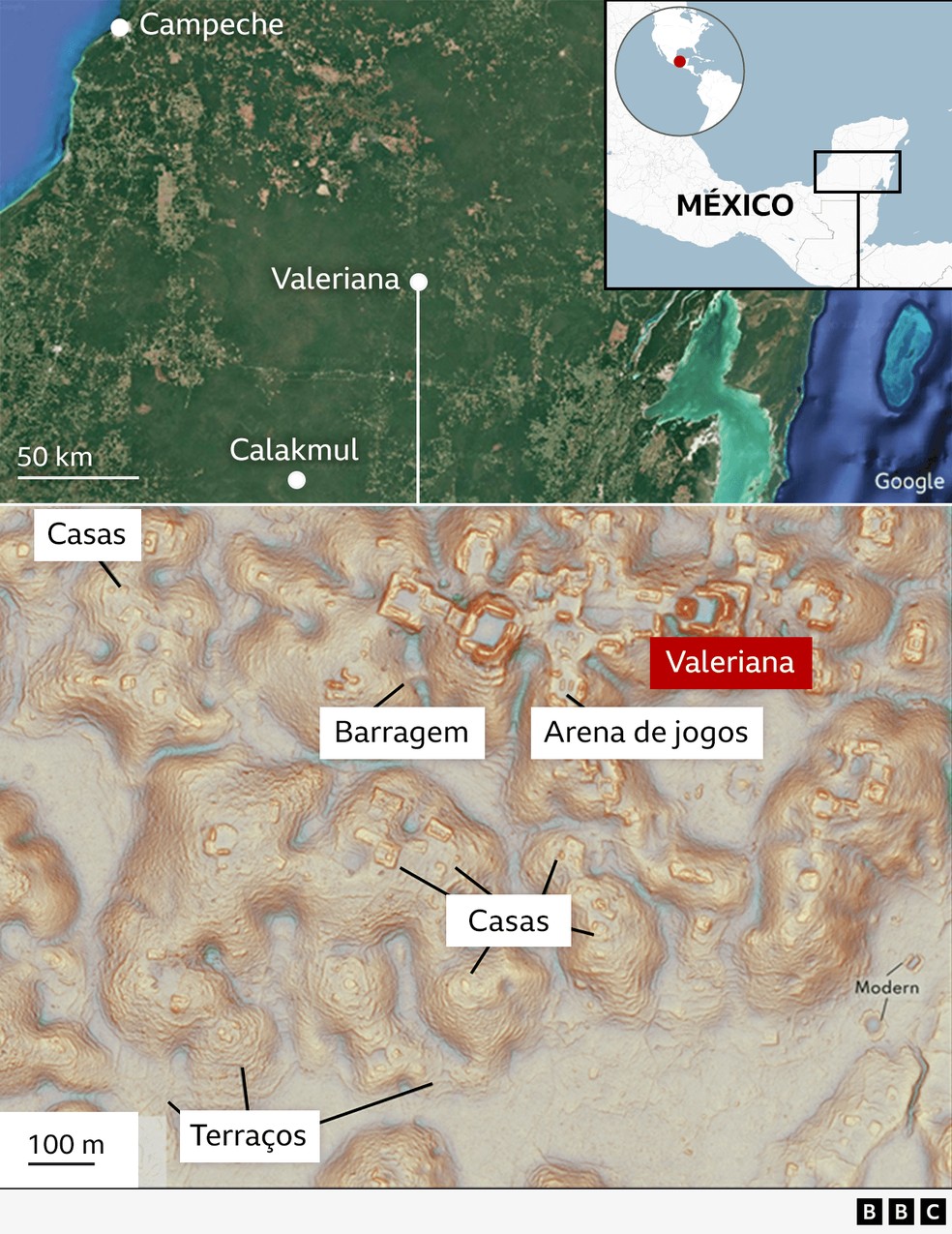 BBC News fonte — Foto: As ruínas foram encontradas no sudeste do México, em Campeche