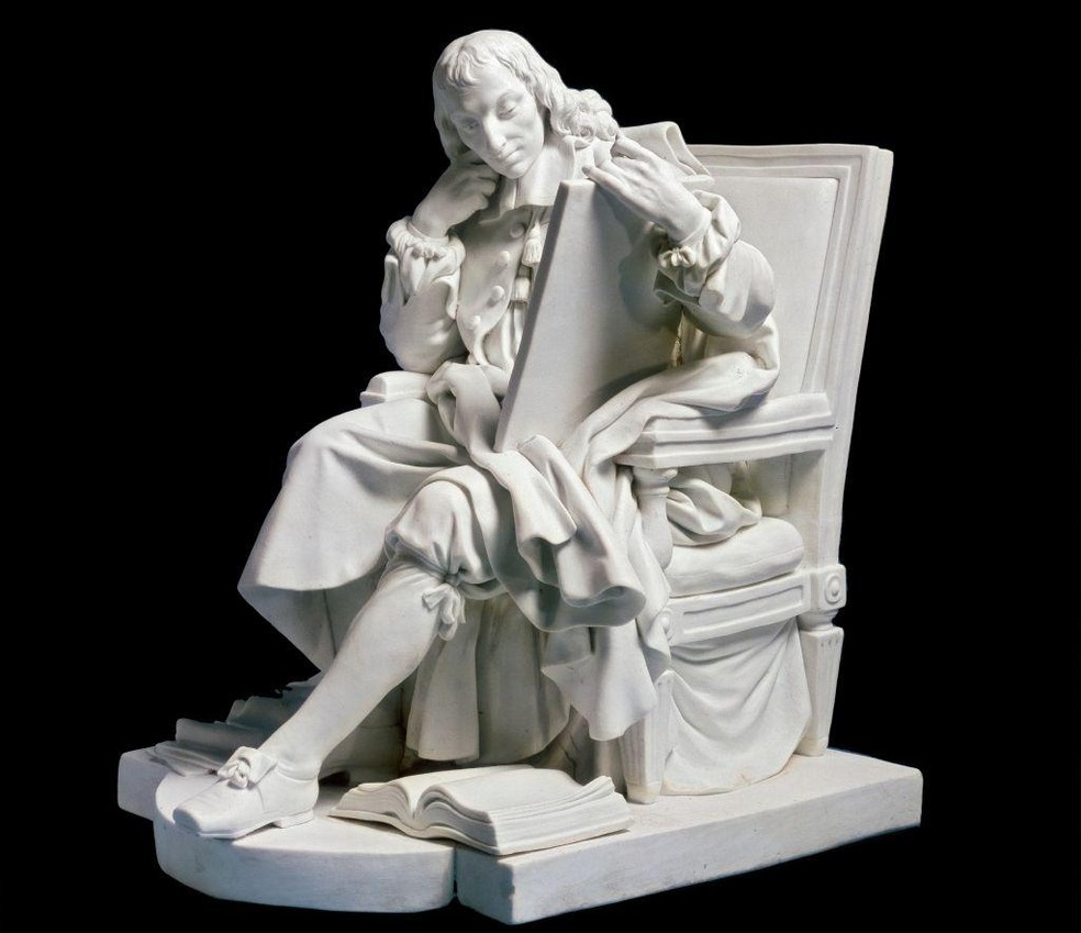 Blaise Pascal (1623–1662) foi uma figura central no nascimento da ciência moderna. Aqui, "Pascal estudando a cicloide" (1785), escultura de Augustin Pajou, Museu do Louvre, Paris, França — Foto: BBC News fonte
