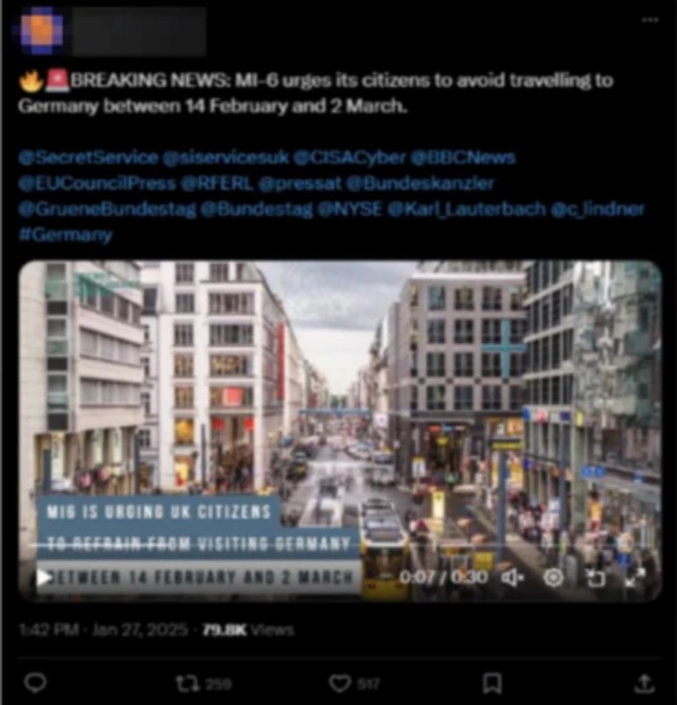 Vídeo manipulado alegava falsamente que o MI6, a agência de inteligência britânica, havia alertado contra viagens à Alemanha durante o período eleitoral — Foto: BBC News