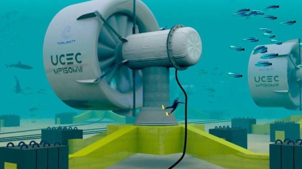 A turbina subaquática de 3 metros de diâmetro da Tidalwatt é capaz de produzir a mesma potência de uma turbina eólica de 180 metros de diâmetro — Foto: Divulgação