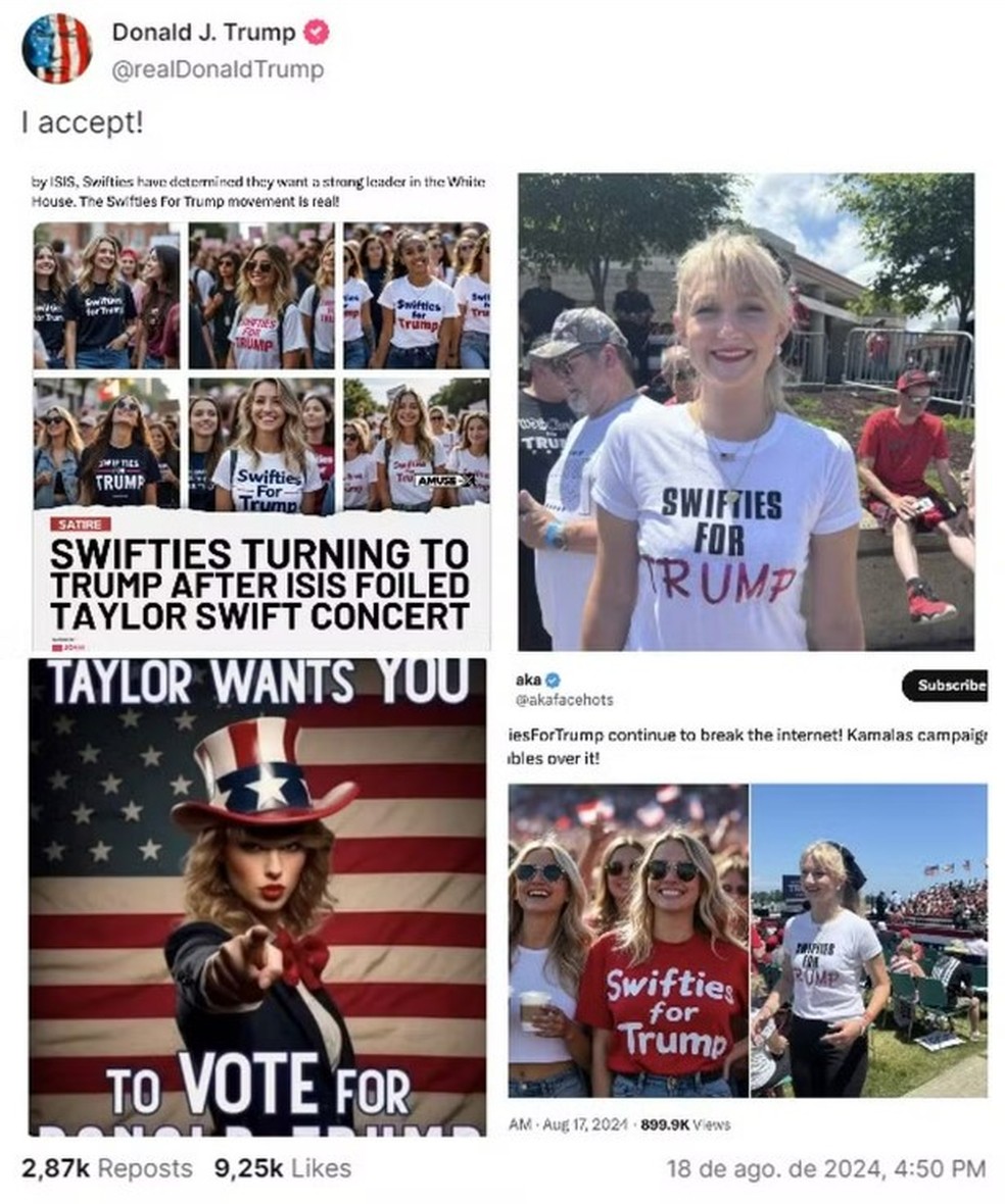 Imagens com a cantora Taylor Swifit e "fãs" dando apoio ao então candidato Donald Trump eram fake — Foto: Reprodução/Redes Sociais