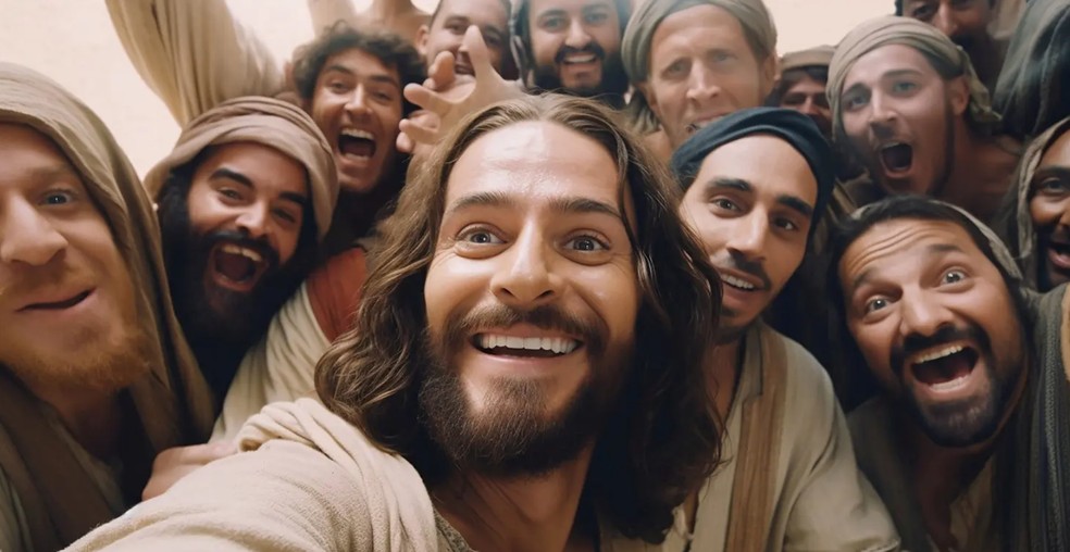 "Selfie" de Jesus na Santa Ceia, feita por inteligência artificial — Foto: Reprodução Midjourney/Duncan Thomsen