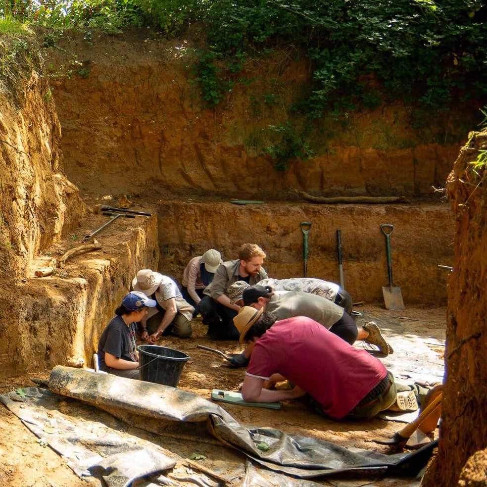 Os arqueólogos retiram lentamente as camadas de terra com ferramentas manuais — Foto: BBC News fonte