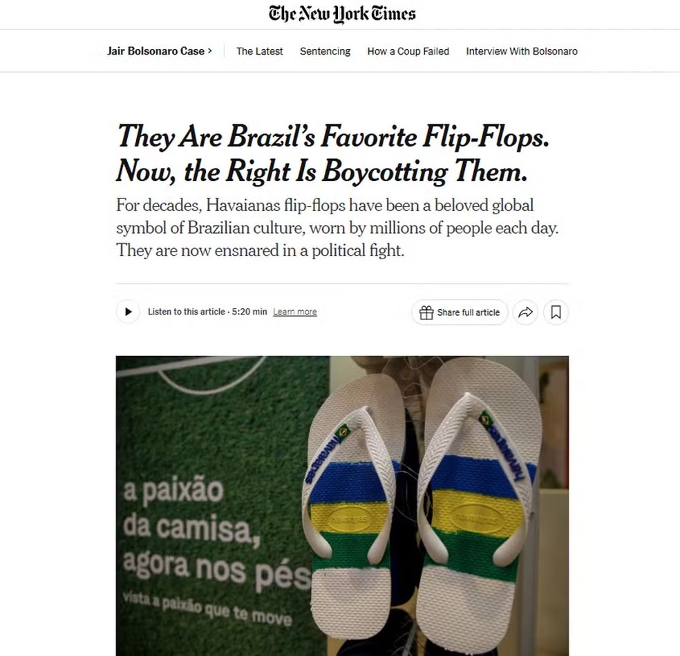 New York Times repercute polêmica da direita brasileira com a Havaianas — Foto: Reprodução