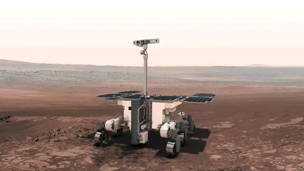 Impressão do artista: o rover ExoMars da ESA visitará Marte em 2028 — Foto: ESA via BBC News