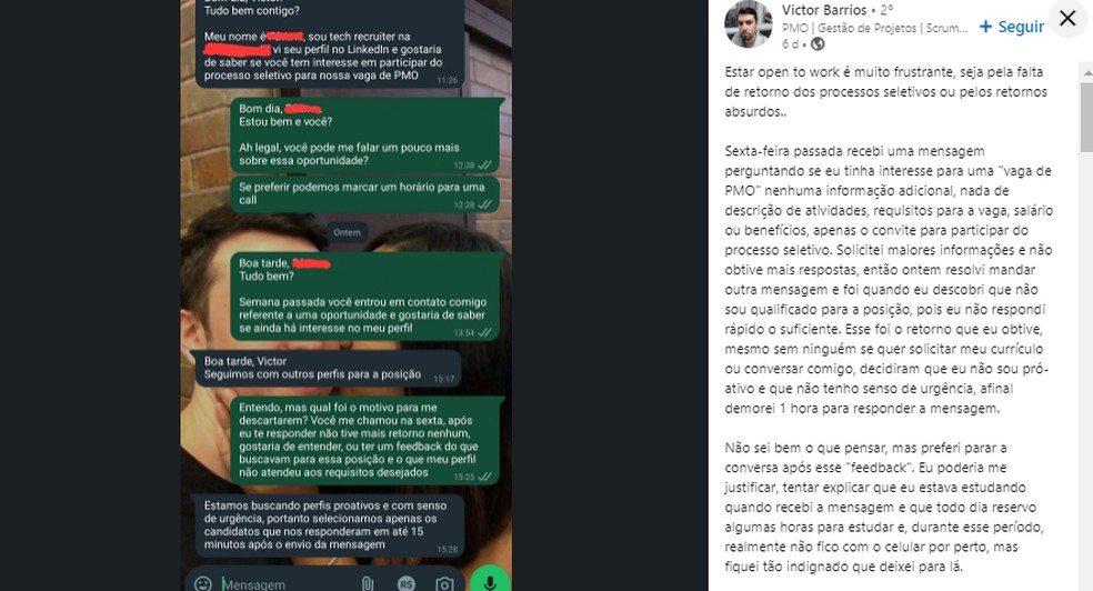 Victor Barrios publicou post no Linkedin com o print da conversa e fez um desabafo — Foto: Reprodução / Linkedin