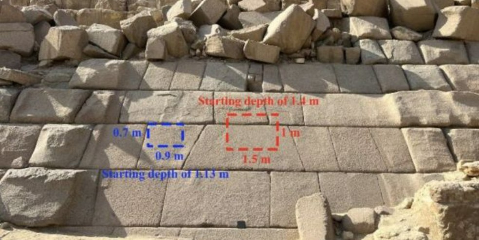 Imagem mostra localização das duas bolsas de ar dentro da pirâmide — Foto: Khalid Helal e equipe