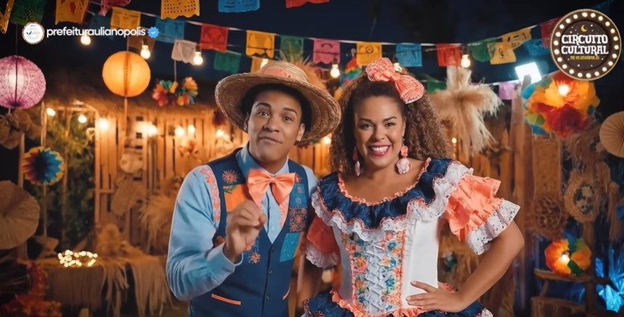 Imagem gerada por IA mostrando um ensaio fotográfico de Festa Junina com pessoas em roupas típicas e decoração festiva.