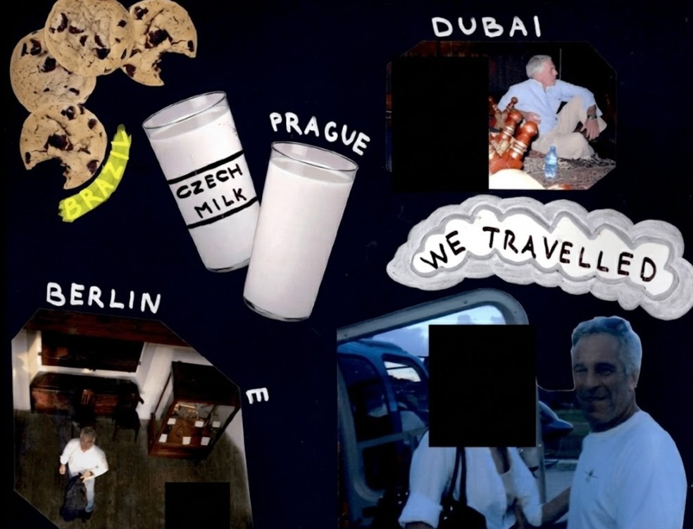 Brasil aparece como um dos destinos de viagem de Epstein em montagem nos arquivos divulgados pelo Departamento de Justiça americano — Foto: BBC News fonte