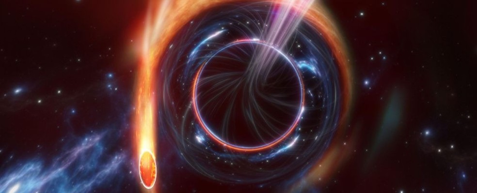 Ilustração de um buraco negro "perturbando" uma estrela — Foto: Carl Knox – OzGrav, ARC Centre of Excellence for Gravitational Wave Discovery, Swinburne University of Technology