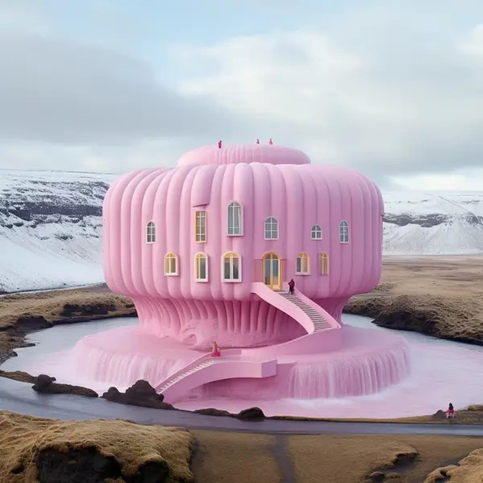 Para combinar com o clima frio, a casa da Barbie na Islândia parece um iglu em meio a neve — Foto: Amy Glover/Midjourney