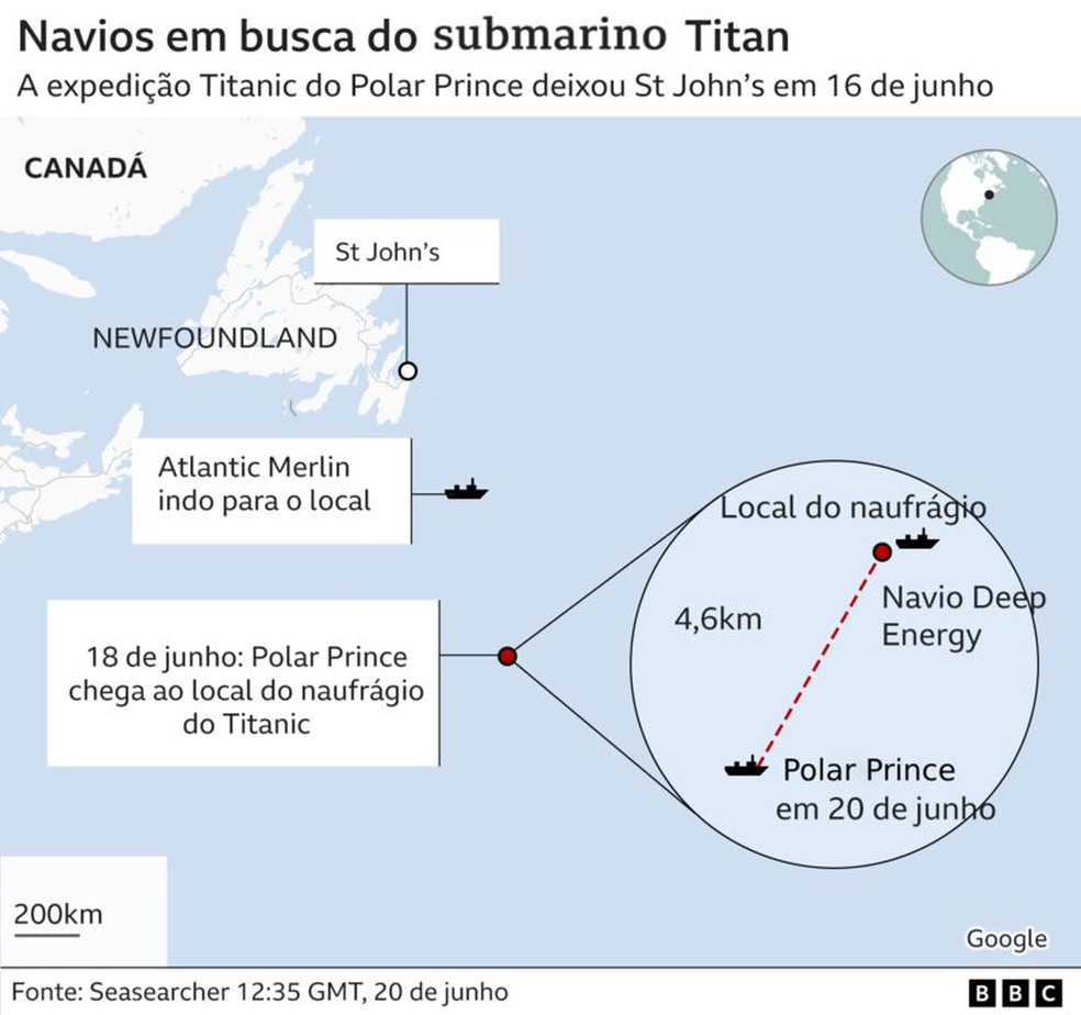 A Guarda Costeira americana informou que um navio de pesquisa chamado Polar Prince havia realizado uma busca na superfície na noite de segunda-feira — Foto: BBC